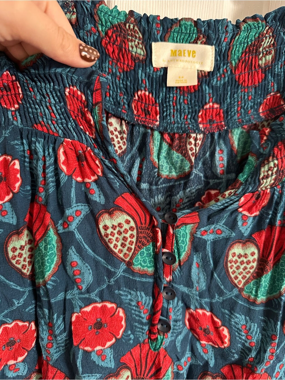 Maeve Teal Floral Ruffle V-Neck Blouse with Red Accents - Picture 5 of 8